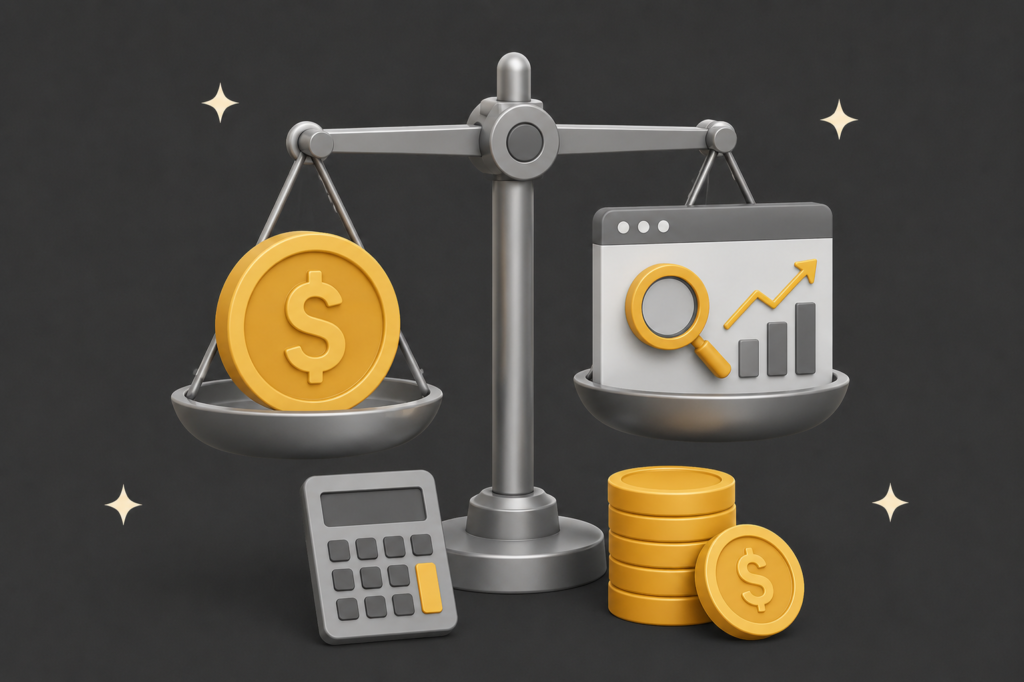 Illustration of a balance scale weighing a gold coin against an SEO analytics dashboard, with a calculator and coin stack representing the cost of SEO investment