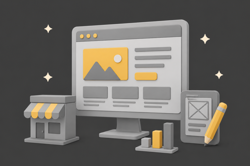 3D illustration of web design for small business showing a modern website layout, mobile interface and storefront in a minimalist geometric style on a dark grey background.