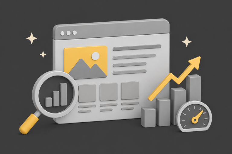 3D illustration showing the impact of web design on SEO with website optimisation, search analytics and performance growth elements on a dark background