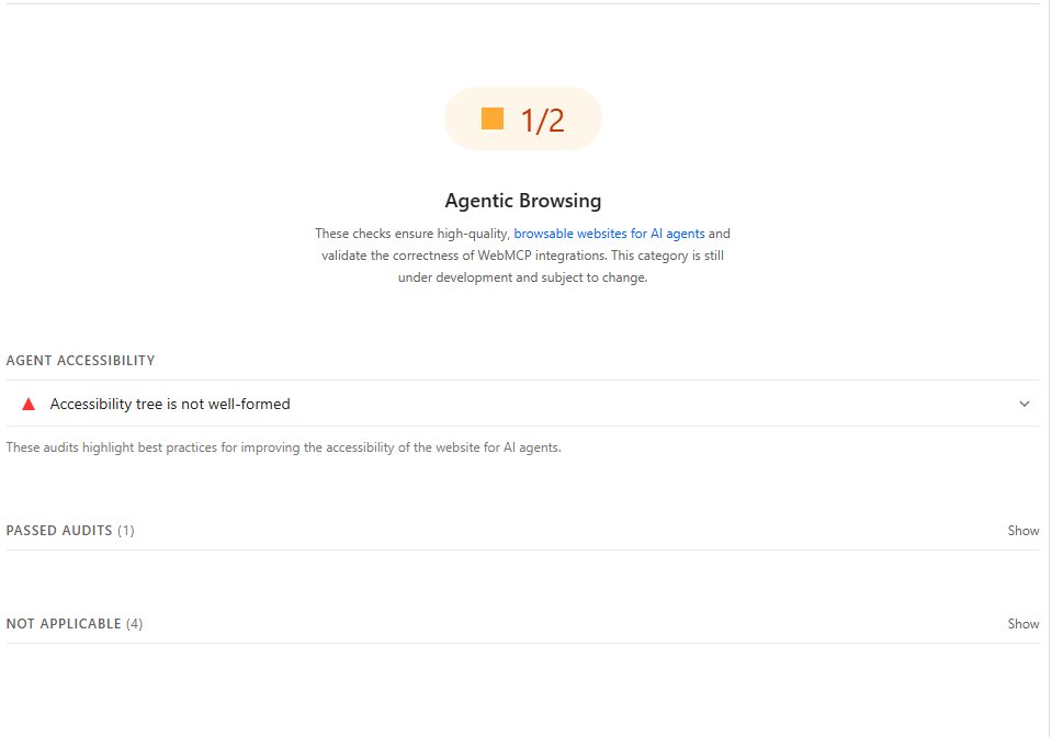 Poor lighthouse agentic browsing score