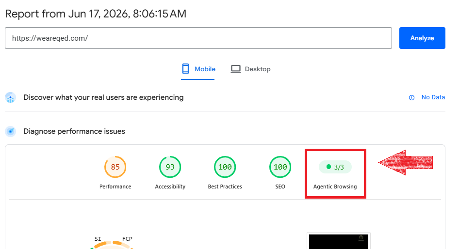 new lighthouse agentic browsing score 3/3 for QED web design