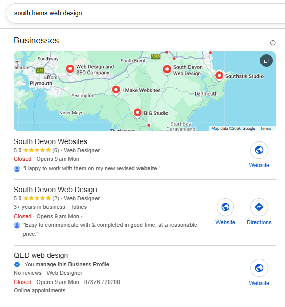 Local SEO helping a South Devon business rank in Google's local map pack