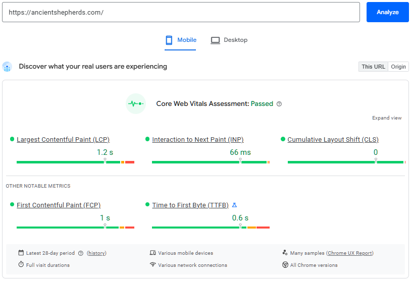 Core web vitals for QED web design client - Ancient Shepherds