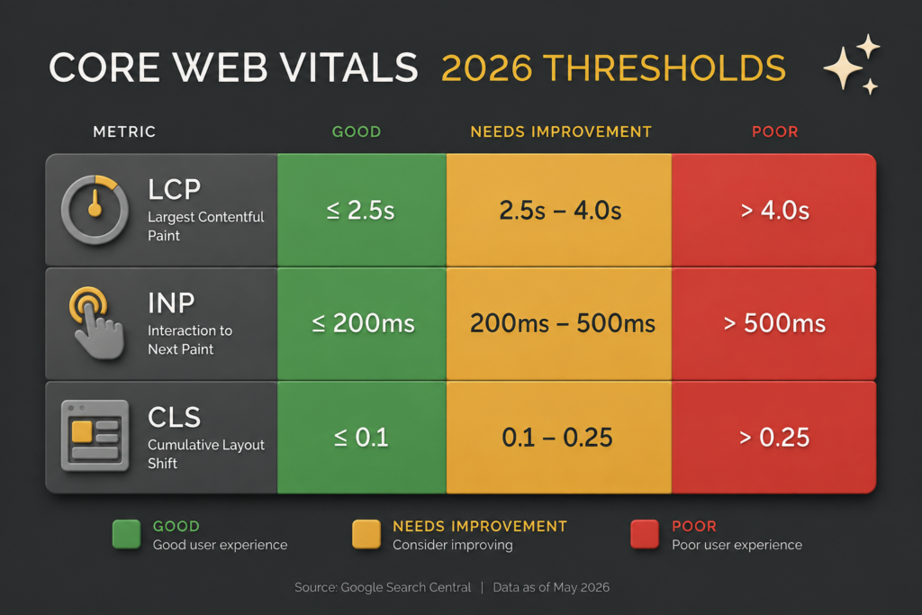 Core Web Vitals 2026 thresholds for LCP, INP and CLS - a simple threshold graphic (green amber red bands)