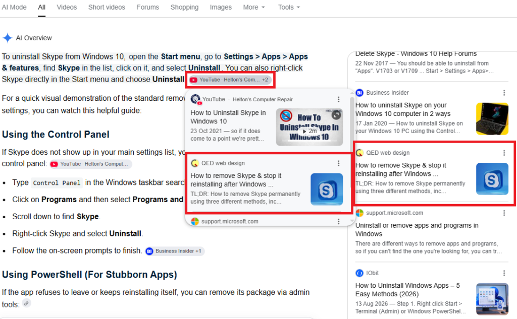 QED web design Skype uninstall post citation in AIO