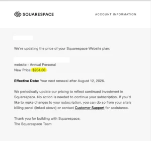 Squarespace 2026 price increase notice shown to a small business owner