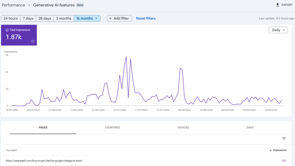 GA4 screenshot showing ChatGPT referral sessions to QED Web Design pages in the year to September 2026