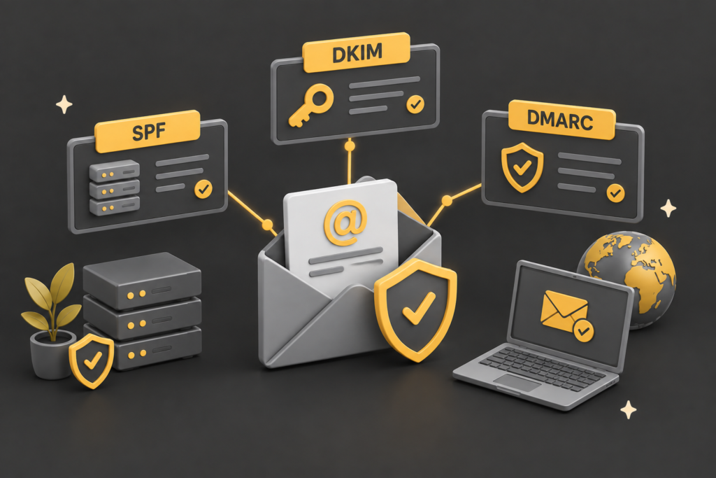 SPF, DKIM, and DMARC hero in the qed web design palette