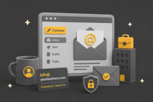 professional email for business hero, contains usual email UI mug & office setting